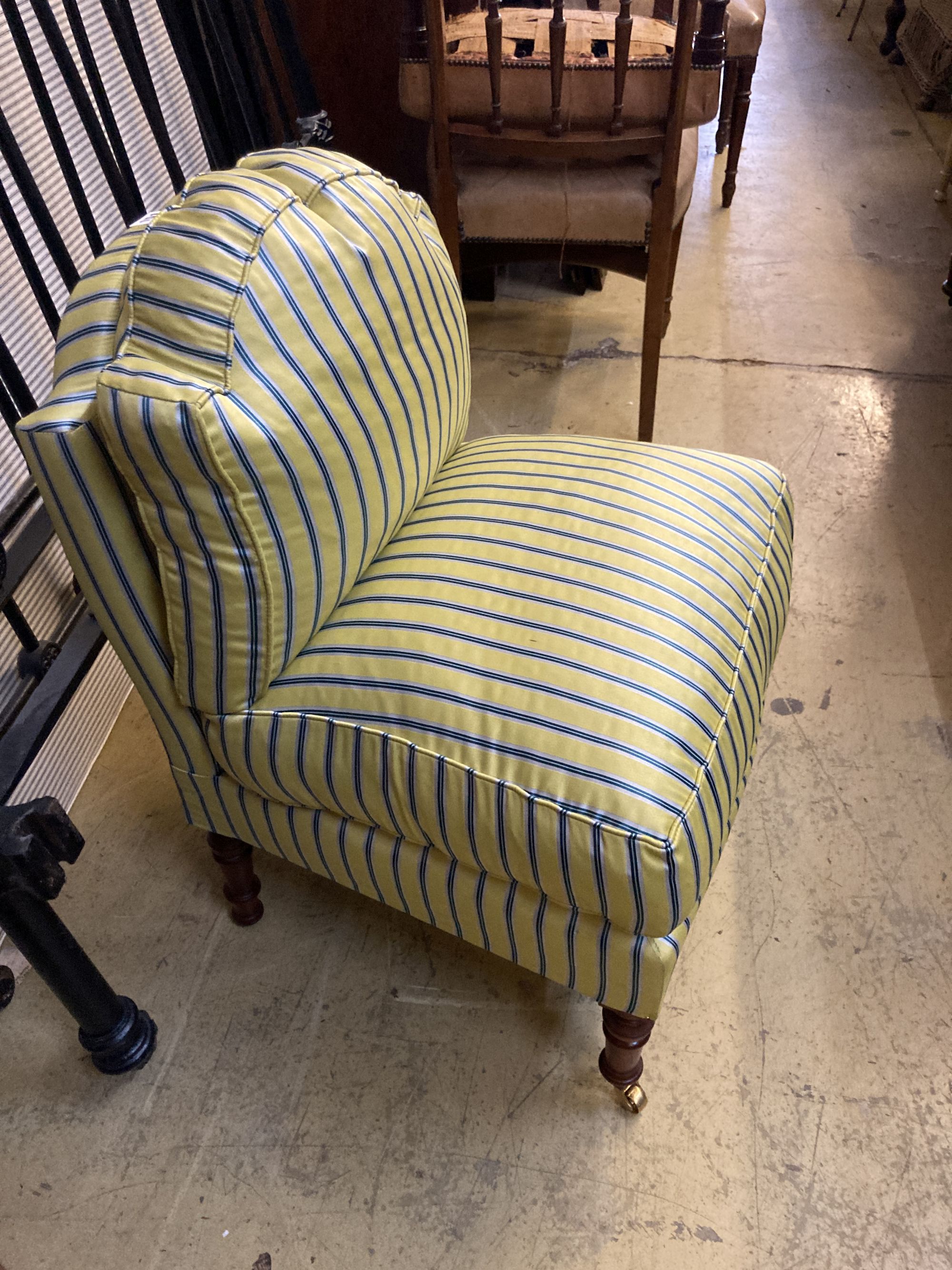 A modern Victorian style upholstered bedroom chair on turned tapered legs, width 50cm, depth 50cm, height 70cm